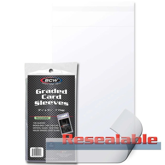 BCW resealable graded card sleeves, 3.34 x 5.12 inches, designed for protecting and storing collectible trading cards.