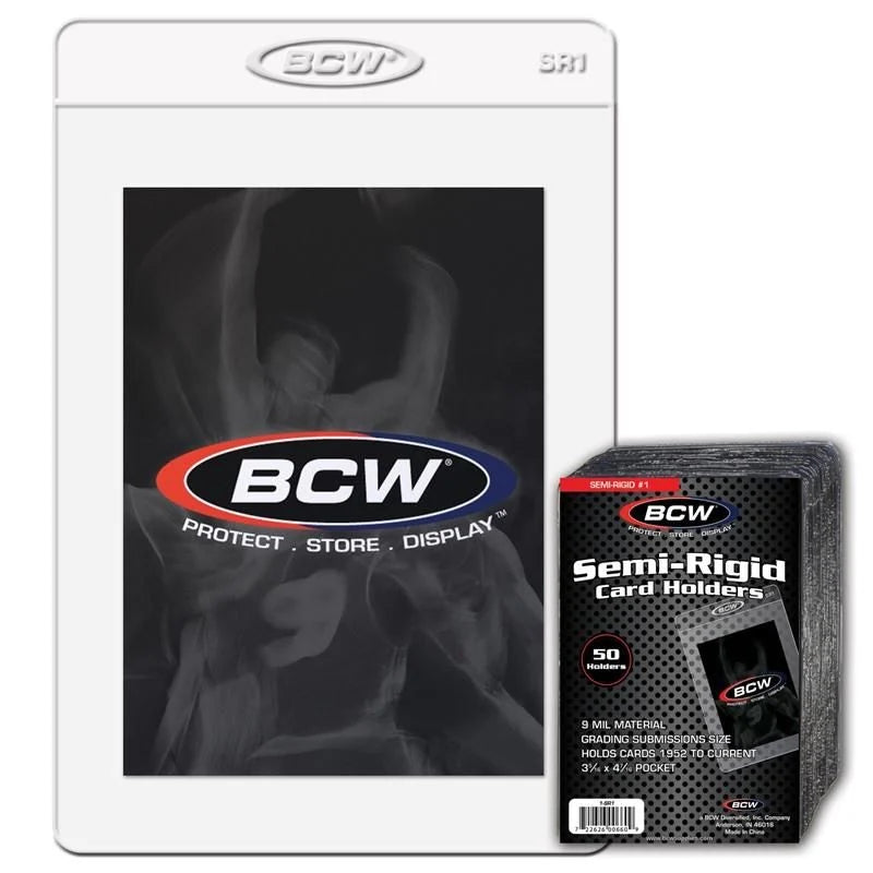 Close-up of a BCW Semi-Rigid Card Holder #1, showing clear plastic construction designed for storing and protecting collectible cards.