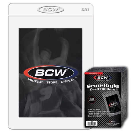 Close-up of a BCW Semi-Rigid Card Holder #1, showing clear plastic construction designed for storing and protecting collectible cards.