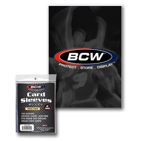 BCW thick plastic card sleeves for protecting collectible cards, shown in a single clear sleeve on a white background.