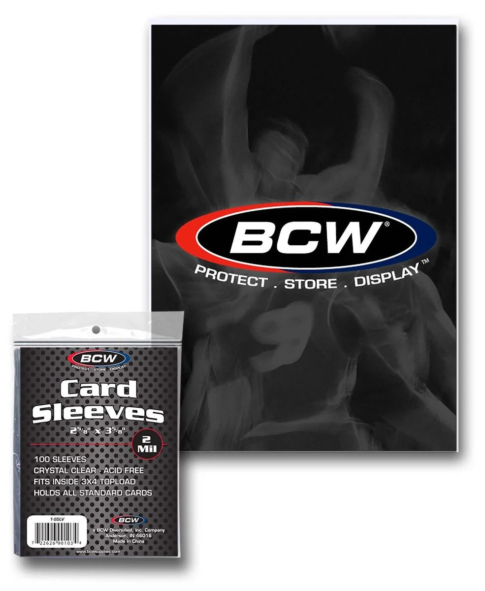 Pack of 100 BCW Standard Card Sleeves, clear protective plastic sleeves for trading cards or collectible card storage.