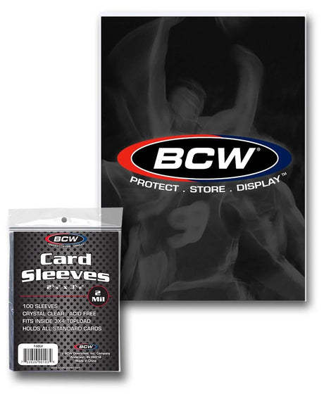 Pack of 100 BCW Standard Card Sleeves, clear protective plastic sleeves for trading cards or collectible card storage.