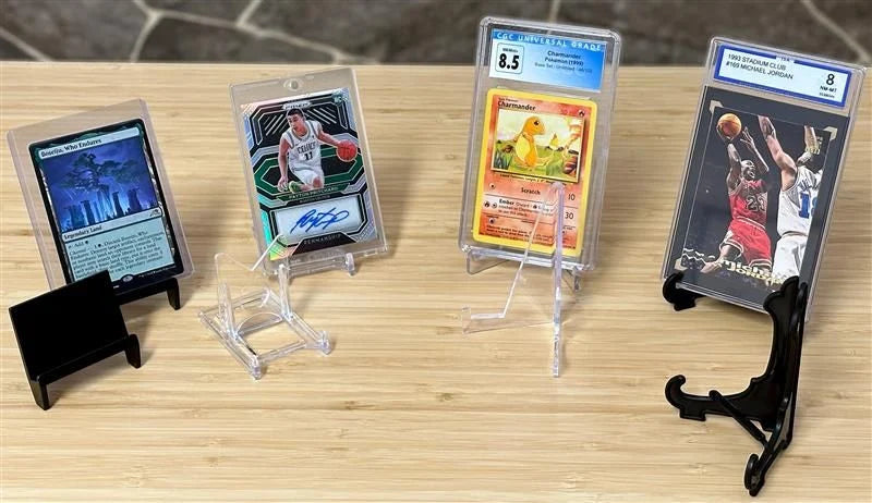 BCW 2-piece stand for displaying collectibles or cards, featuring a sturdy design and clear support structure.