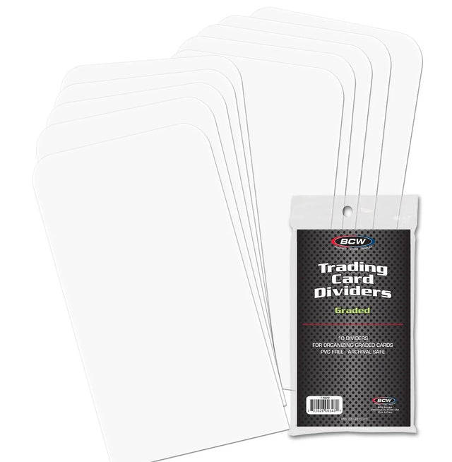 Set of 10 BCW graded trading card dividers with labeled tabs for organizing collectible cards.
