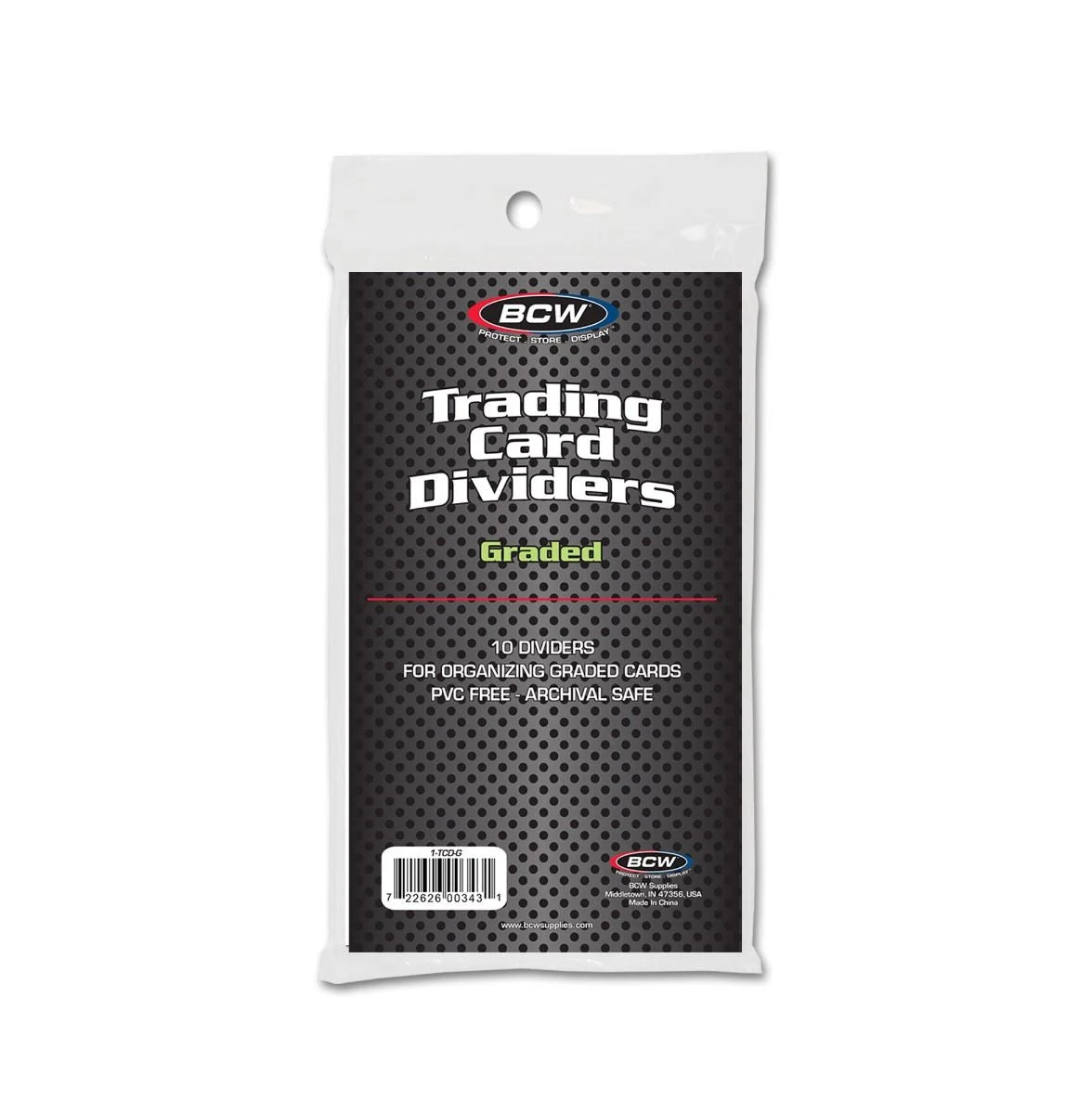 BCW graded trading card dividers, 10-pack, with alphabetical labels and colorful design for organizing collectible cards.