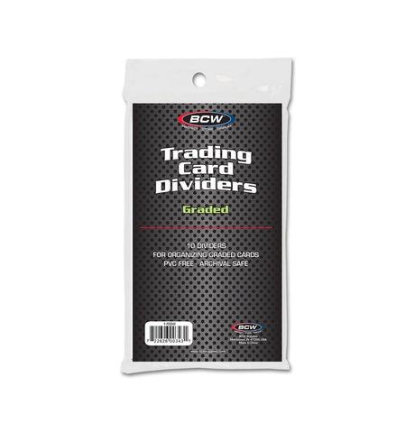 BCW graded trading card dividers, 10-pack, with alphabetical labels and colorful design for organizing collectible cards.