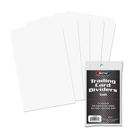 BCW tall trading card dividers with 10 plastic dividers for organizing collectible cards in a storage box.