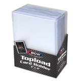 Stack of BCW 3x4 standard topload card holders in a 25-count package, clear plastic protective cases for trading cards.