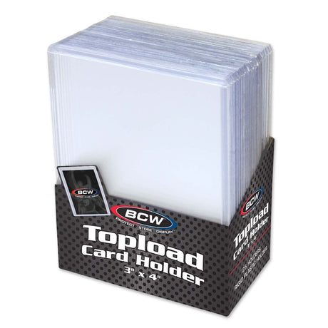 Stack of BCW 3x4 standard topload card holders in a 25-count package, clear plastic protective cases for trading cards.