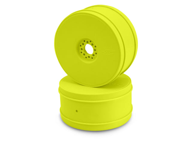 Set of four yellow JConcepts Bullet 1/8th buggy RC car wheels with detailed tread pattern on a white background.