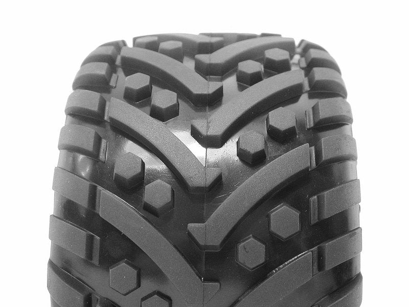 HPI Racing Goliath RC car tires mounted on chrome 178x97mm Tremor wheels, shown in a close-up image.
