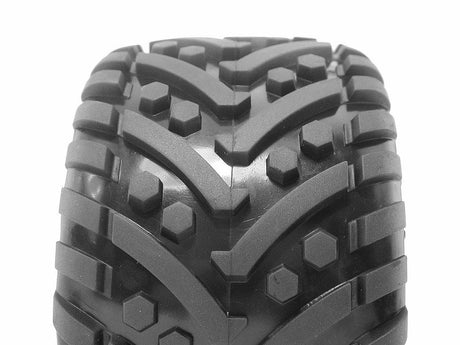 HPI Racing Goliath RC car tires mounted on chrome 178x97mm Tremor wheels, shown in a close-up image.