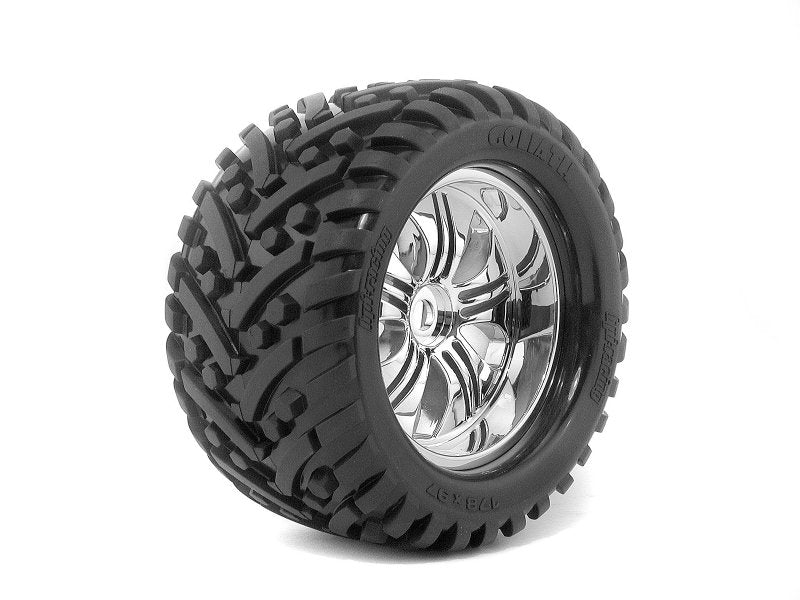 HPI Racing Goliath RC car tires mounted on chrome 178x97mm Tremor wheels for off-road racing.