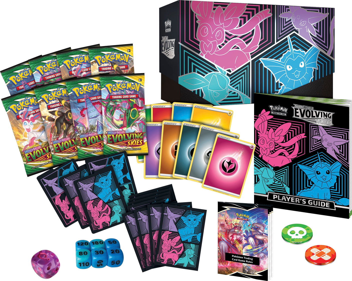 Pokémon Evolving Skies Elite Trainer Box with Pokémon TCG cards, booster packs, and accessories for trading card game enthusiasts.