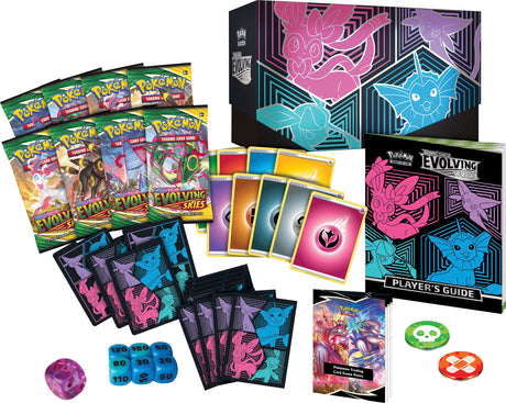 Pokémon Evolving Skies Elite Trainer Box with Pokémon TCG cards, booster packs, and accessories for trading card game enthusiasts.