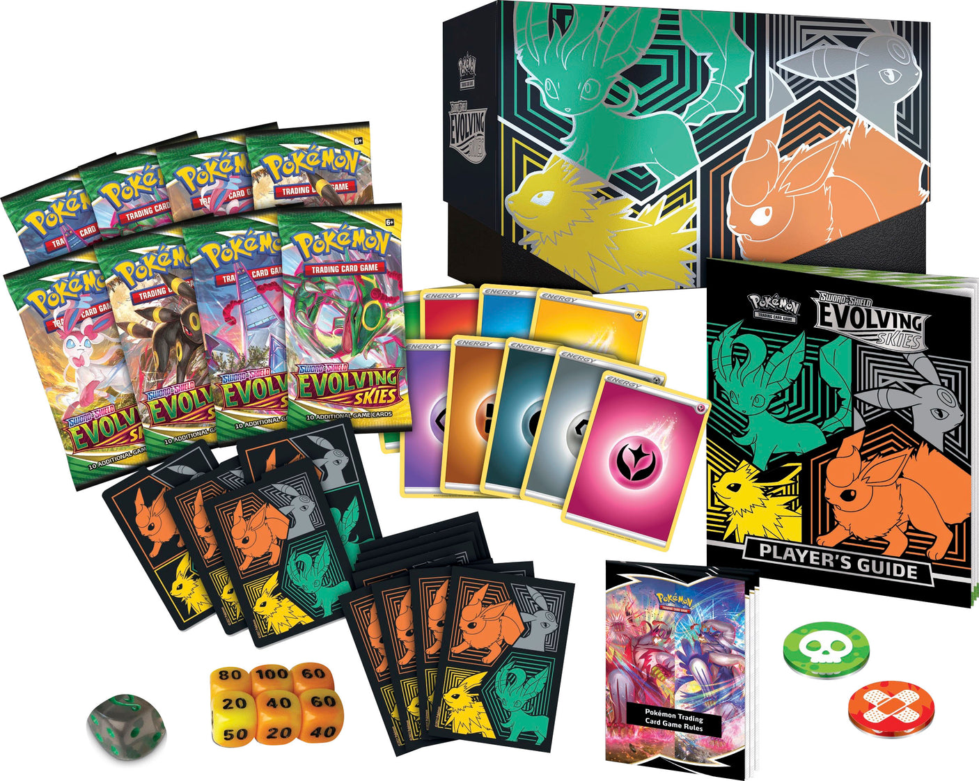 Pokémon Evolving Skies Elite Trainer Box for Pokémon TCG, featuring booster packs, card sleeves, and accessories in a colorful design.