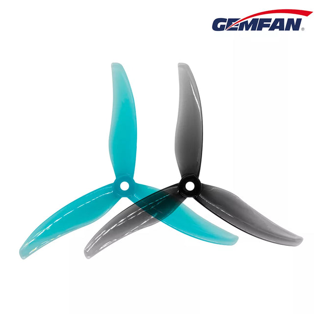 Pair of Gemfan 5536-3 Hurricane drone propellers with 5mm shafts, shown in black, designed for quadcopters and drones.
