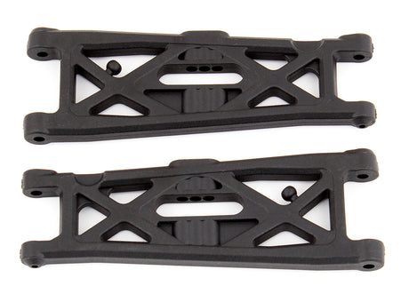 Team Associated RC10T6.1 front suspension arms with detailed metal components for remote control truck durability.