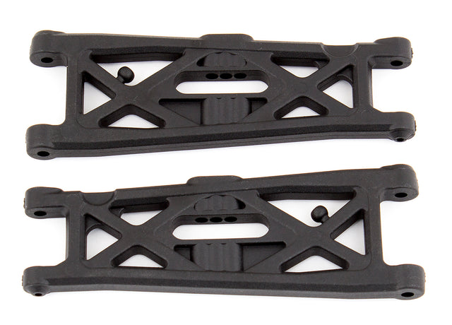 Team Associated RC10T6.1 front suspension arms with detailed metal components for remote control truck durability.