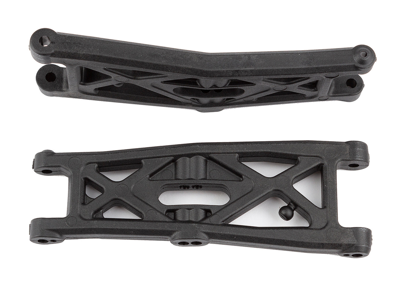 Team Associated RC10T6.2 front suspension arms with gull wing design, showing detailed plastic components and mounting points.