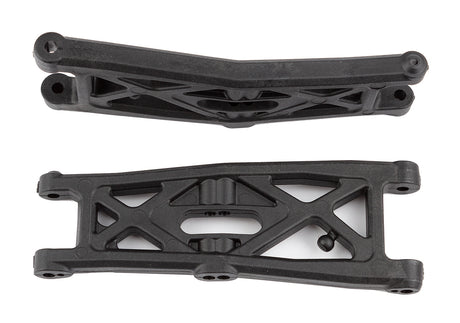 Team Associated RC10T6.2 front suspension arms with gull wing design, showing detailed plastic components and mounting points.