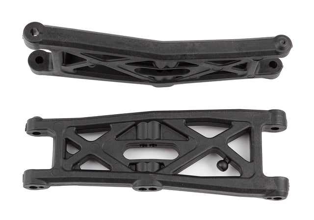 Team Associated RC10T6.2 front suspension arms with gull wing design, showing detailed plastic components and mounting points.