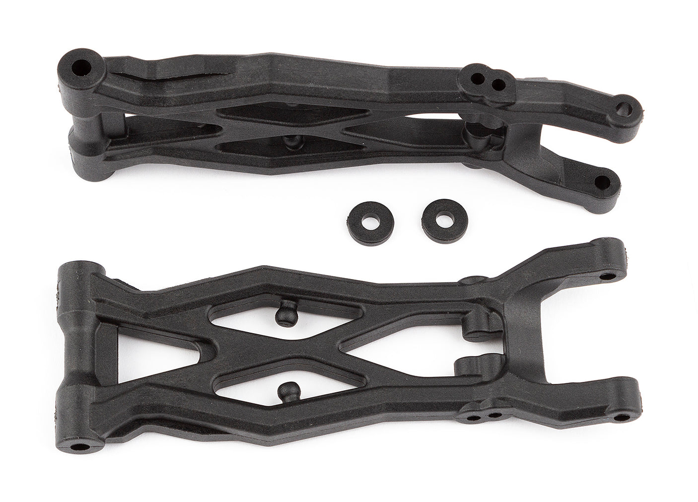 Team Associated RC10T6.2 gull wing rear suspension arms showing close-up of black plastic arms with mounting holes.