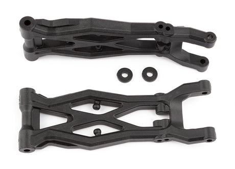 Team Associated RC10T6.2 gull wing rear suspension arms showing close-up of black plastic arms with mounting holes.