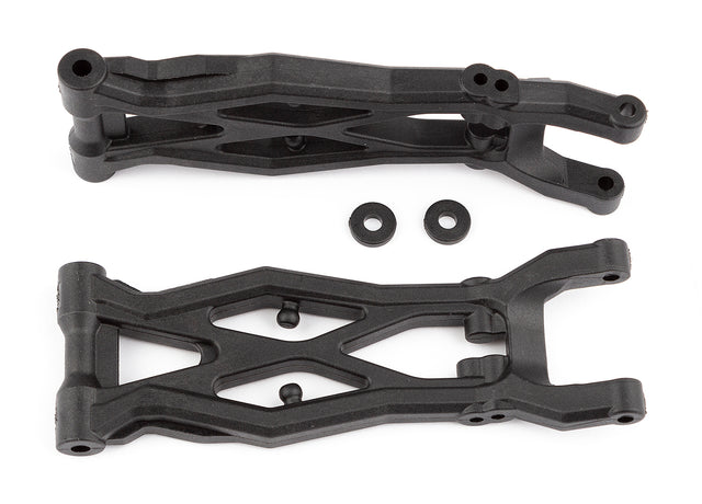 Team Associated RC10T6.2 gull wing rear suspension arms showing close-up of black plastic arms with mounting holes.