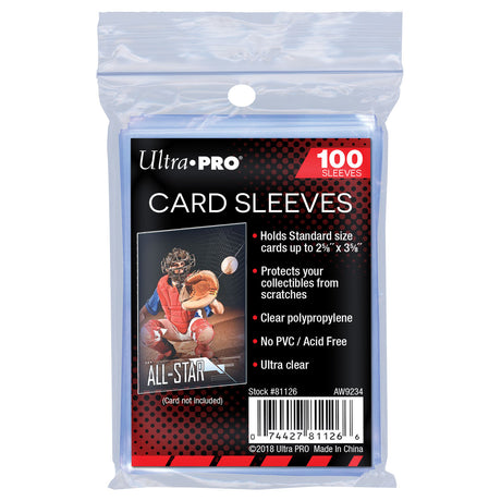 Ultra Pro standard card sleeves for trading cards, showing clear protective plastic sleeves in a 100-count pack.