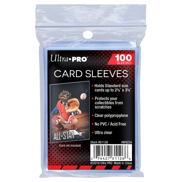 Ultra Pro standard card sleeves for trading cards, showing clear protective plastic sleeves in a 100-count pack.