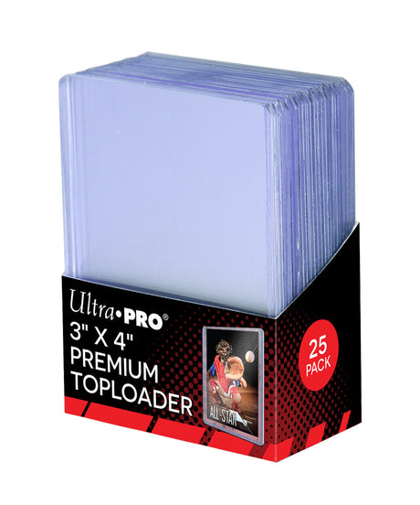 Ultra Pro 3x4 inch clear premium toploader for cards, 25 count, durable plastic card protector for collectibles.