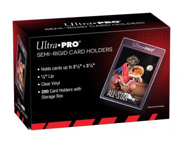 Ultra Pro semi-rigid card holders, 200-count pack, durable plastic sleeves for protecting trading cards and collectibles.