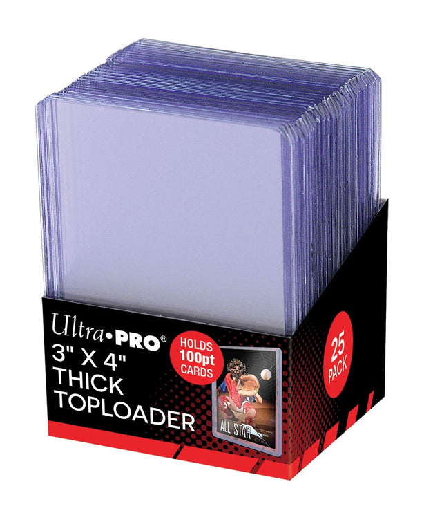 Ultra Pro 3x4 inch 100pt thick toploader for collectible cards, displayed with multiple clear protective card sleeves.