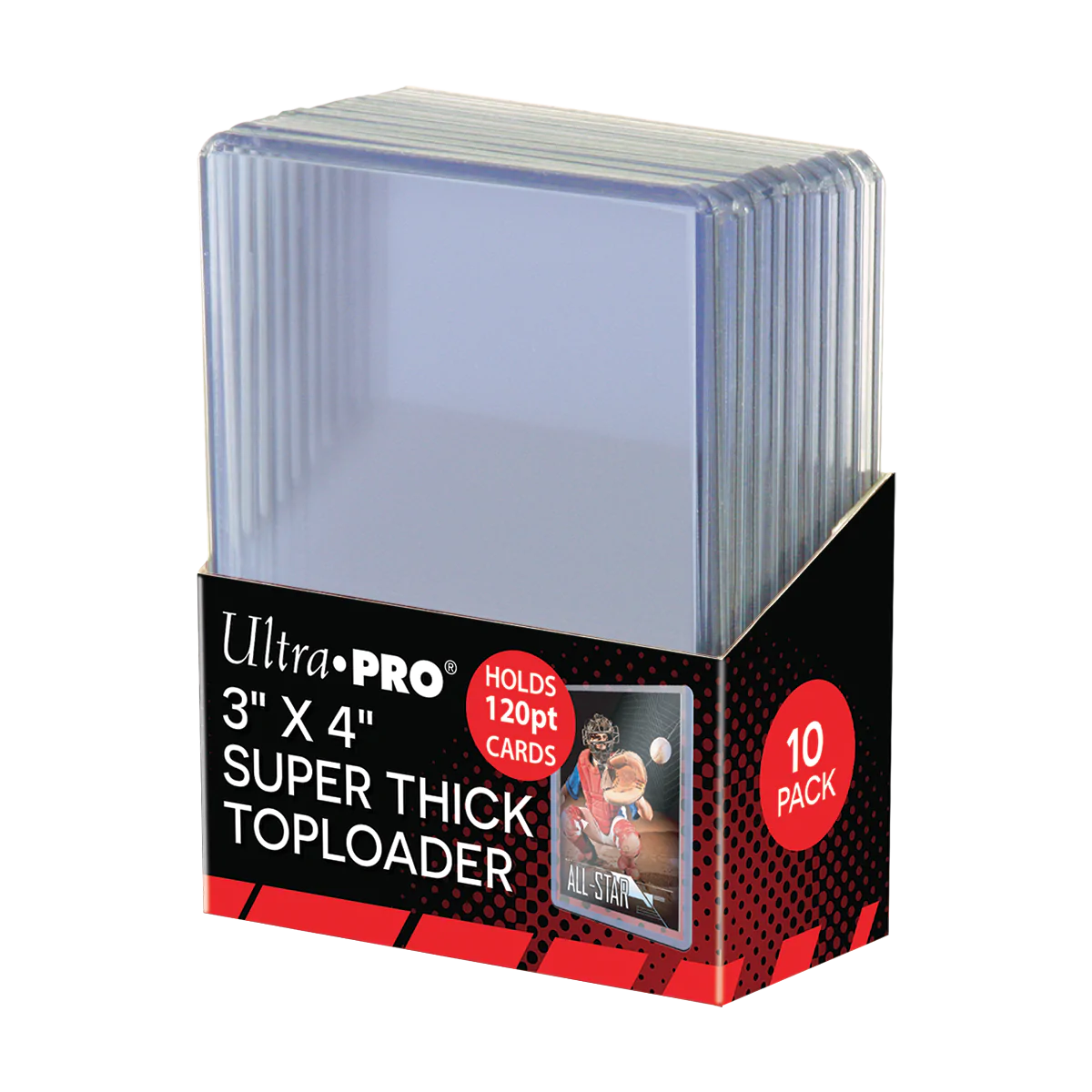 Ultra Pro 3x4-inch super thick 120PT toploaders for trading cards, displayed in a pack of 10 for card protection.
