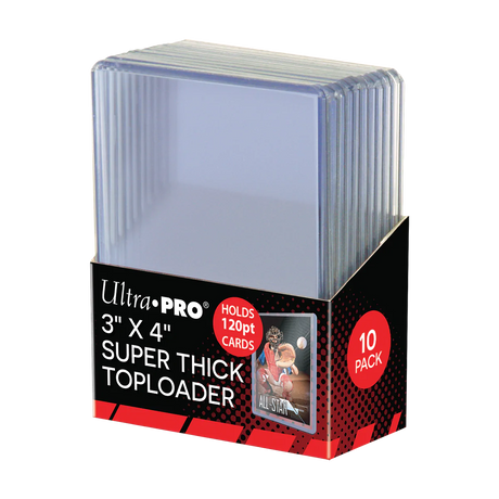 Ultra Pro 3x4-inch super thick 120PT toploaders for trading cards, displayed in a pack of 10 for card protection.