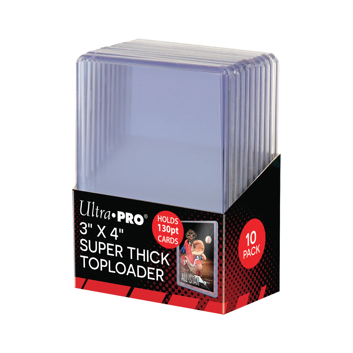 Ultra Pro 3x4 inch super thick 130PT toploaders for cards, shown in a display box, ideal for protecting collectible cards.