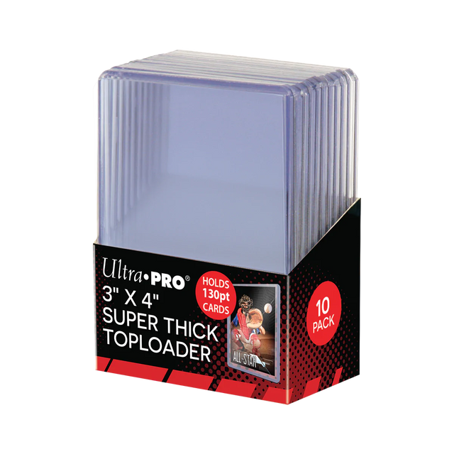 Ultra Pro 3x4 inch super thick 130PT toploaders for cards, shown in a display box, ideal for protecting collectible cards.