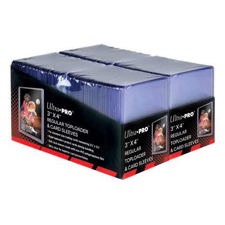 Ultra Pro 3x4 inch card toploaders and soft sleeves bundle, showing side view of protective card storage supplies.