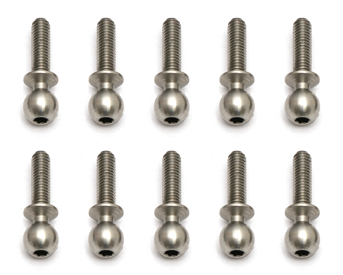 Team Associated heavy-duty 5.5x10mm RC car ball studs shown in close-up, with metallic finish and precise threading.