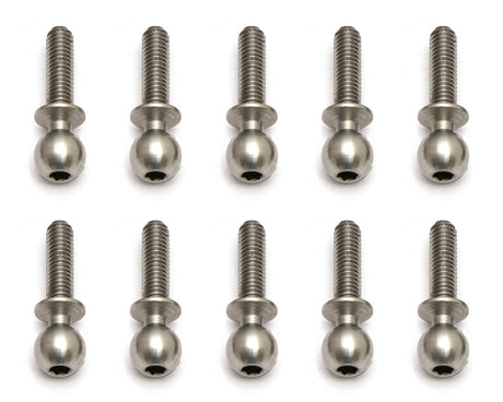 Team Associated heavy-duty 5.5x10mm RC car ball studs shown in close-up, with metallic finish and precise threading.