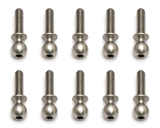 Team Associated heavy-duty 5.5x10mm RC car ball studs shown in close-up, with metallic finish and precise threading.