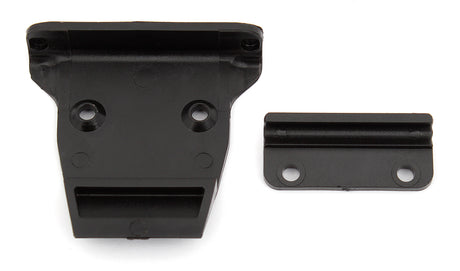 Team Associated RC10B6 RC car bumper, black plastic with mounting hardware, designed for durability and high-performance racing.