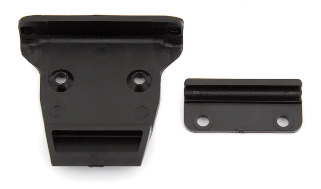 Team Associated RC10B6 RC car bumper, black plastic with mounting hardware, designed for durability and high-performance racing.