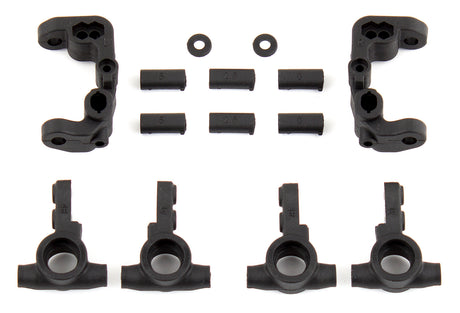 Team Associated RC10B6.1 caster and steering blocks, RC car upgrade parts, shown in the image with detailed black and metal components.