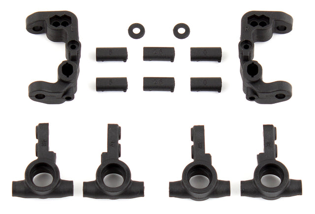 Team Associated RC10B6.1 caster and steering blocks, RC car upgrade parts, shown in the image with detailed black and metal components.
