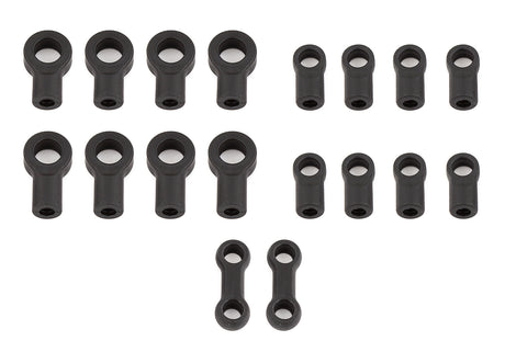 Team Associated RC10B6.1 12 mm shock rod end set with durable metal components and precise fit for RC car suspension upgrades.