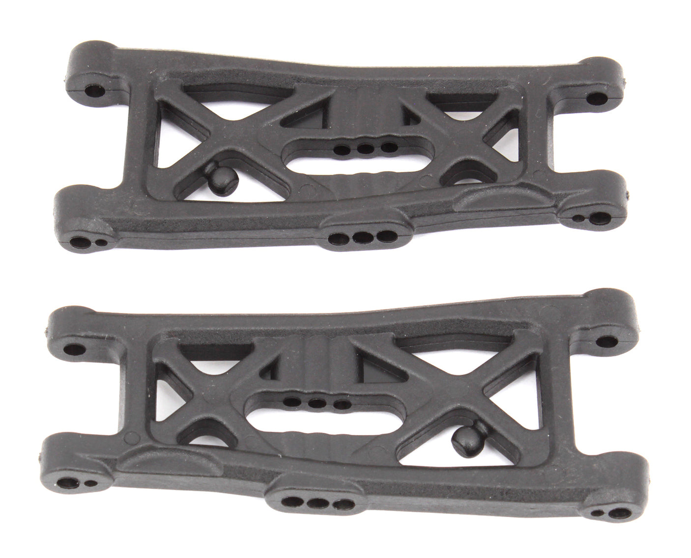 Team Associated RC10B6.3/4 FT front suspension arms with gull wing design, carbon fiber construction for RC racing cars.