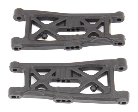 Team Associated RC10B6.3/4 FT front suspension arms with gull wing design, carbon fiber construction for RC racing cars.