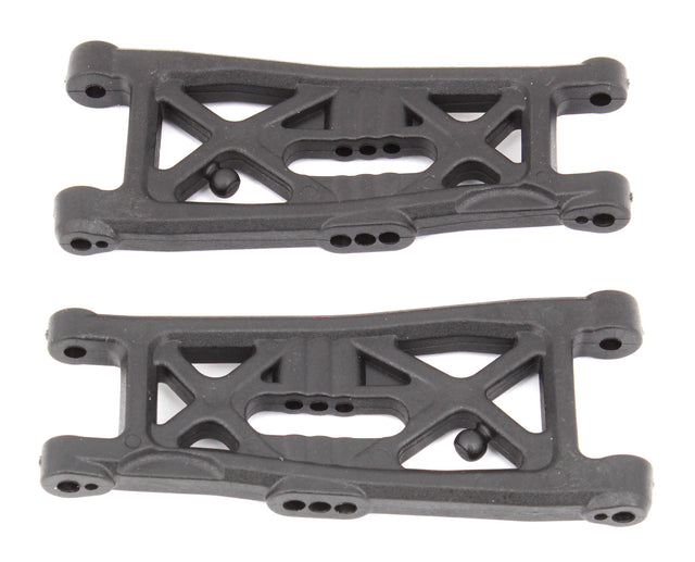 Team Associated RC10B6.3/4 FT front suspension arms with gull wing design, carbon fiber construction for RC racing cars.